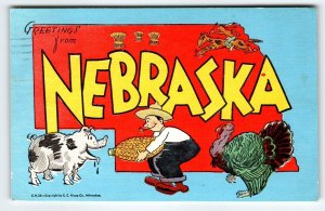 Greetings From Nebraska Pig Corn Farmer Turkey Horse Postcard Map Linen Kropp