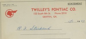 1947 Twilley's Pontiac Co. Griffin GA Automobile Horn Repair Statement 422