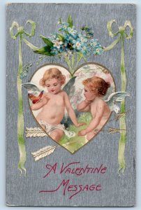 Janesville Wisconsin WI Postcard Valentine Heart Angels With Butterfly Flowers