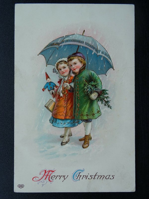 MERRY CHRISTMAS Children with Gifts & Toy in Snow c1908 Embossed Postcard