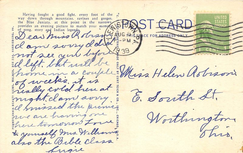 Lewiston Pennsylvania 1939 Postcard William Penn Highway Juniata River