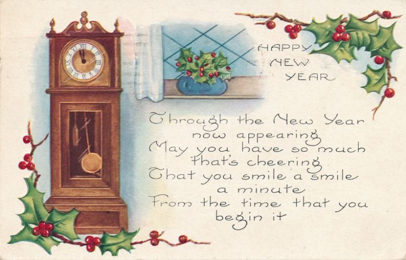 New Years Day Greetings - Grandfather Clock - pm 1922 - Whitney Made - DB