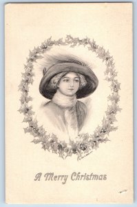 c1910's Christmas Pretty Woman With Hat Holly Berries Signed Artist Postcard
