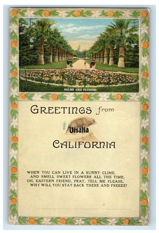 1915 Greetings From Visalia California CA, Palms And Flowers Antique Postcard 