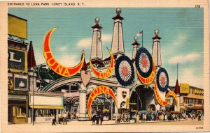 Postcard NY Coney Island Luna Amusement Park Entrance Mile Sky Chaser 1930s S84