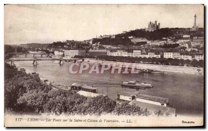 Old Postcard Lyon The bridges over the Saone and hillside fourviere