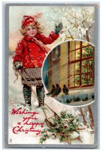 Christmas Girl In Winter Snow Holly Berries Song Birds Tuck's Embossed Postcard