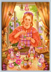 GIRL sews Ragdoll DIY Doll sew Russian Ethnic New Unposted Postcard