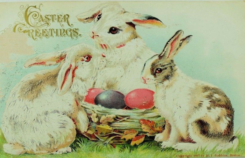 Embossed Germany C. 1910 Easter Postcard Rabbits & Nest Of Colored Eggs P77 