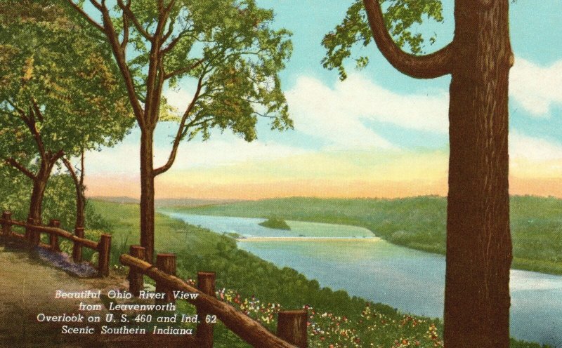 Vintage Postcard River View From Leavenworth Flower Blooms Southern Indiana IN
