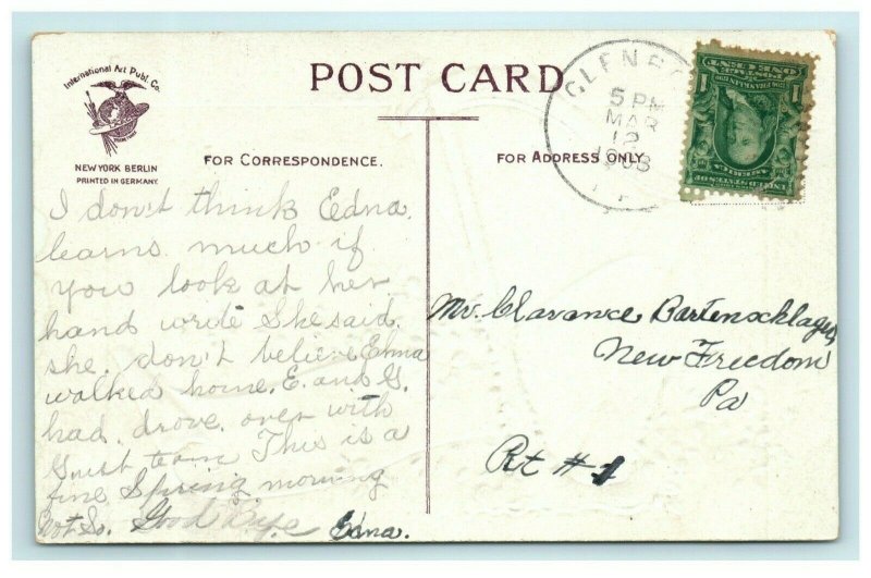 1909 St. Patrick's Harp Clover Clapsaddle Glenrock PA Antique Posted Postcard 