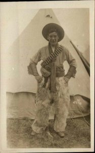 Real? Cowboy Wool Chaps Hat Bandolier Bullets c1910 Real Photo Postcard