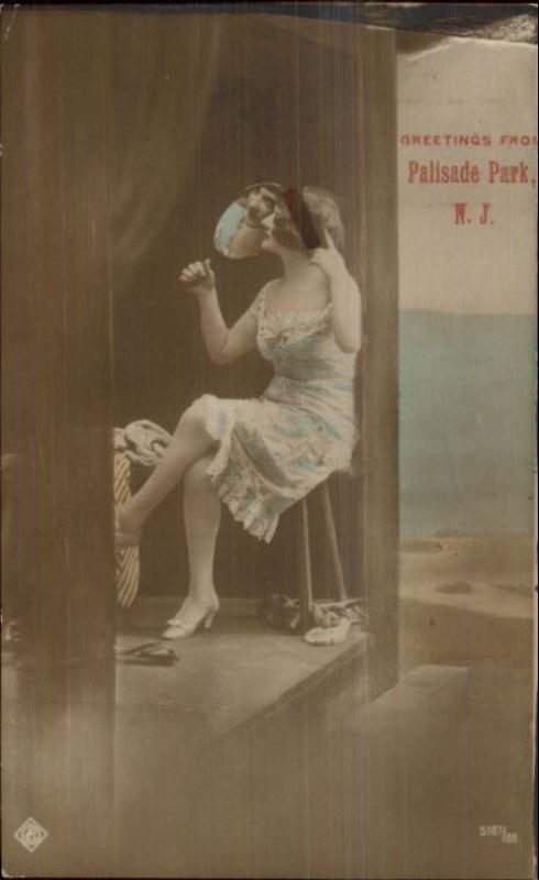 Beautiful Woman Hand Held Mirror PALISADE PARK NJ Tinted Real Photo Postcard