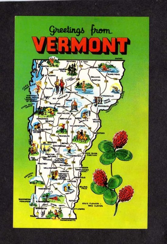 VT Greetings From Vermont State Map Postcard, Bradford,Northfield,Putney