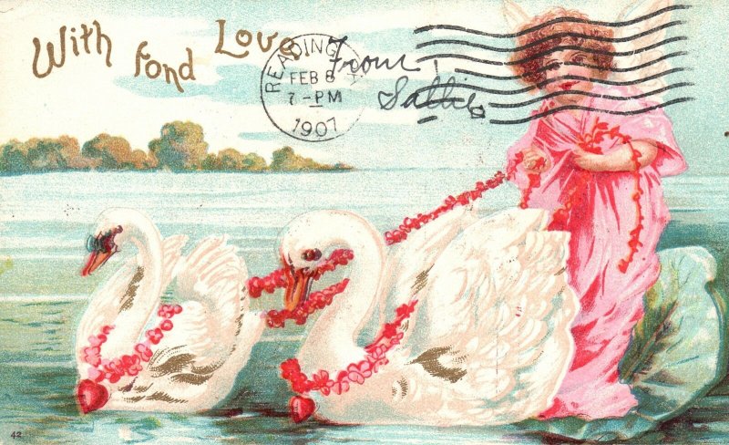 Vintage Postcard 1907 With Fond Love Greetings Card Beautiful Angel and Swans