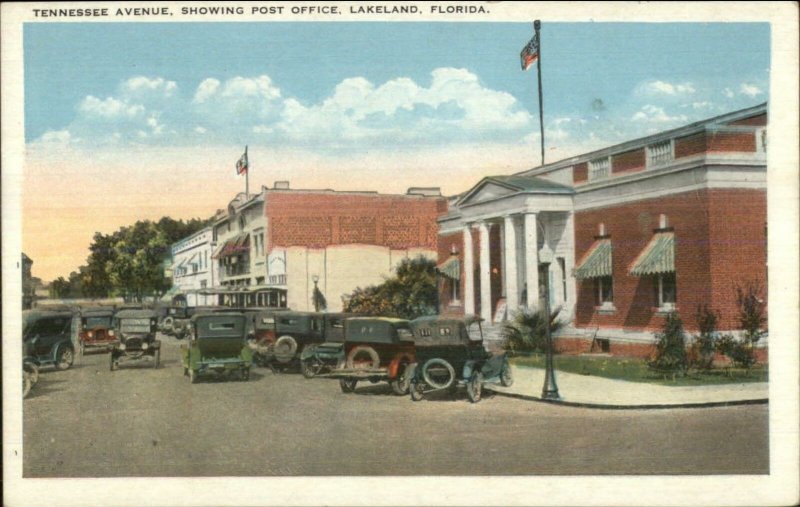 Lakeland FL Tennessee Ave Cars Post Office c1920 Postcard