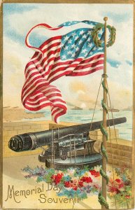 Embossed Decoration Day Postcard No. 1 Civil War Memorial Cannon and Flag