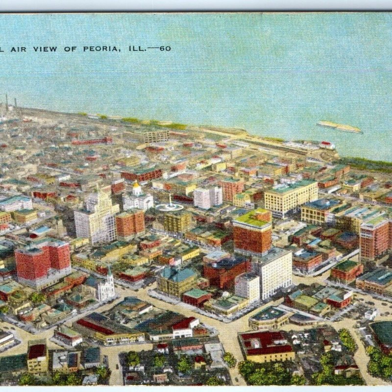 c1940s Peoria, IL Birds Eye Downtown Aerial Air View Lake Michigan Linen PC A272