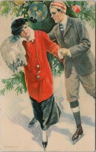 Man Woman Ice Skating Christmas Edward Gross Felyea Pelyea No. 1 Postcard D99