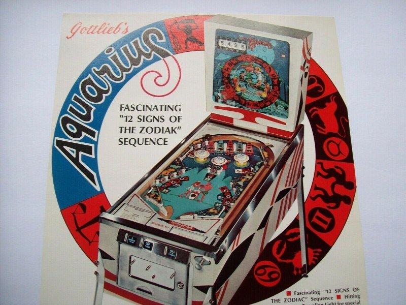 Aquarius Pinball Flyer Original NOS 1970 Art Zodiac Horoscope 8.5 x 11 Retro Mod