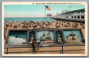 Postcard Atlantic City NJ c1910 Beach Scene Showing Sand Sculpture Texaco Pier