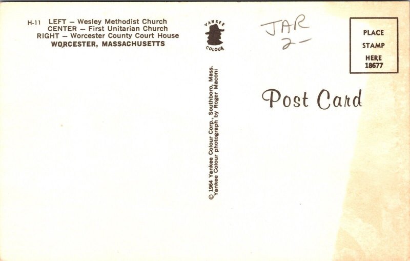 Street View Wesley Methodist Church First Unitarian Worcester MA Postcard UNP 