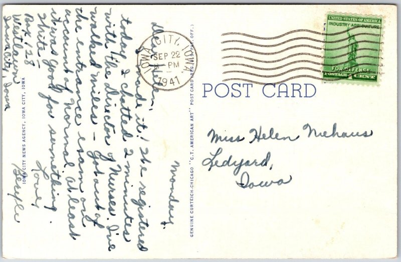 1941 University Hospital Tower at Night State University of Iowa Posted Postcard