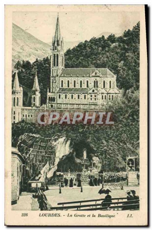 Old Postcard Lourdes Grotto and Basilica