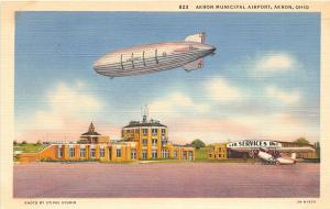 F27/ Akron Ohio Postcard Linen Municipal Airport Blimp Zeppelin