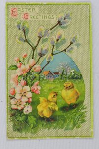 Two Young Birds Outside Farmhouse - Easter Greetings - Vintage Postcard