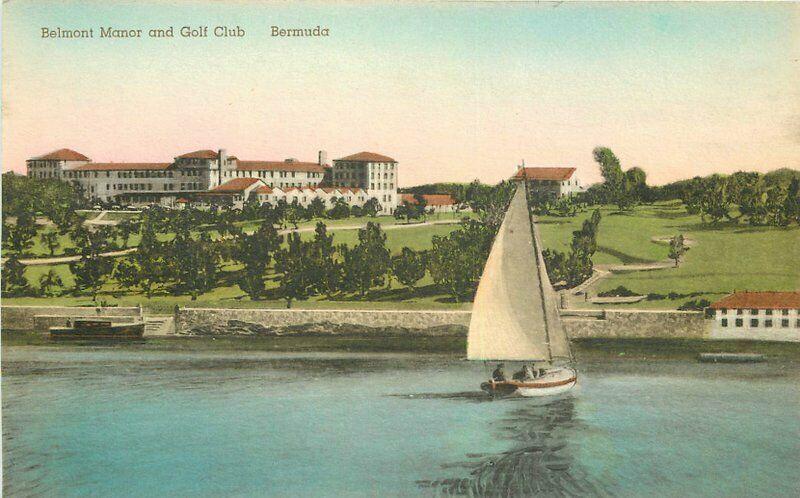 Albertype Belmont Manor Golf Club Bermuda Sailboat 1920s hand colored 2597