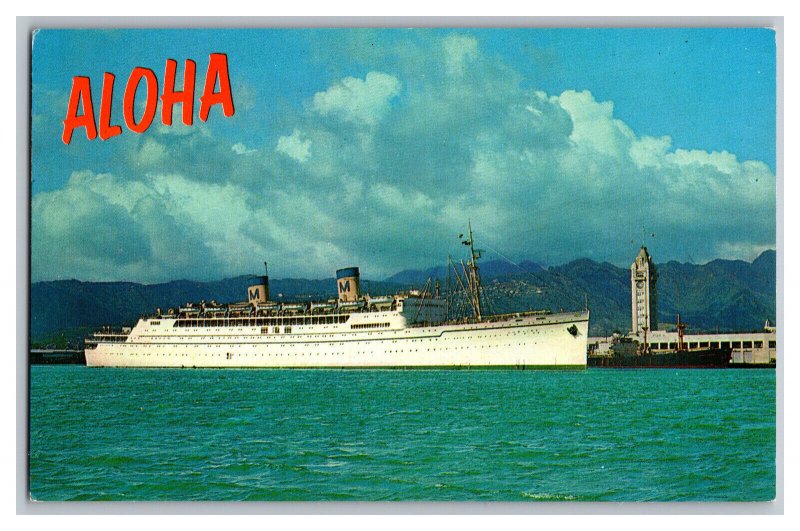 Vintage Postcard HI Matson Luxury Liner Aloha Tower Honolulu Hawaii 