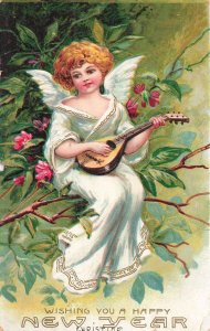 Vintage 1908 Angel Playing Mandolin New Year Postcard Printed in Germany