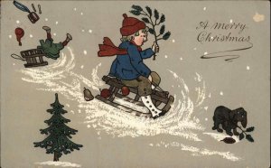 Christmas Little Boy Puppy Dog Sledding Accident c1910 Vintage Postcard