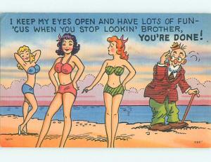 Unused Linen risque OLD MAN EYES THREE GIRLS AT BEACH r1920@