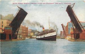 Chicago Illinois 1909 State Street Bascule Bridge Steamship Hammon postcard 7037