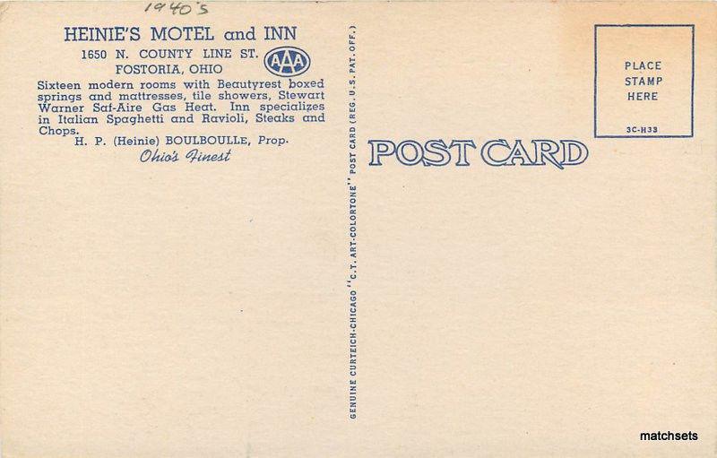 1940s FOSTORIA OHIO Heines Motel Inn Interior entrance linen TEICH POSTCARD 2528