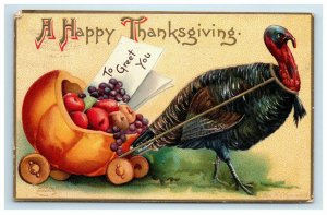 Ellen Clapsaddle Thanksgiving Greeting Postcard Turkey Pulling Pumpkin Cart