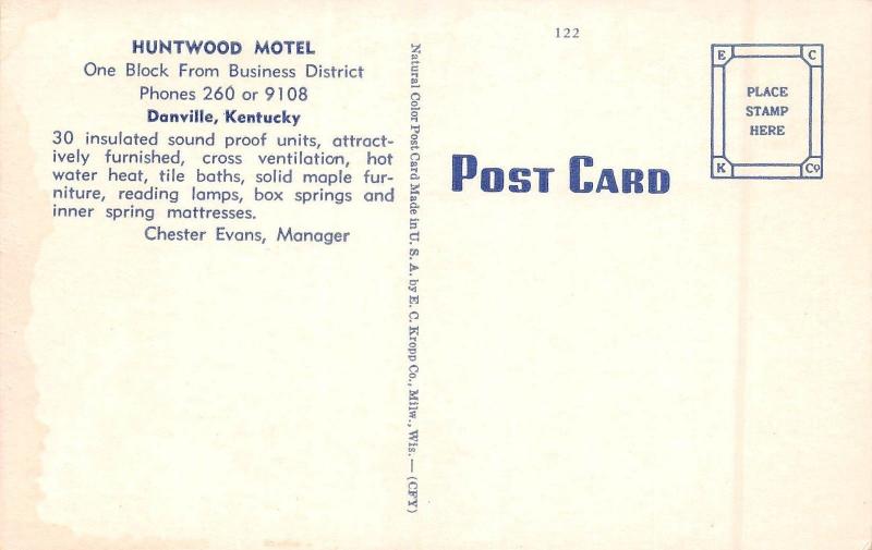 Kentucky Ky Postcard Roadside DANVILLE Huntwood Motel 2View Interior 