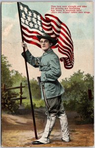 French Army Soldier in Battle Holding USA Flag Postcard