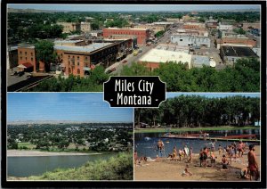 Multi view Miles City Montana Postcard aerial view, river, beach