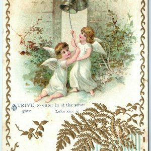 c1880s Luke 8:24 Bible Quote Trade Card Christian Jesus Strive to Enter Gate C15