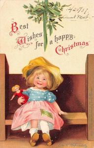 Christmas Greetings Girl with Doll Mistletoe Clapsaddle Antique Postcard J76675