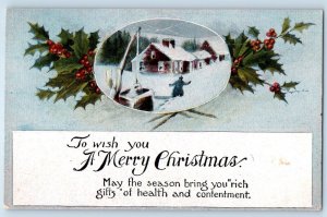 Christmas Postcard Holly Berries House Winter Scene Kingston New Hampshire NH