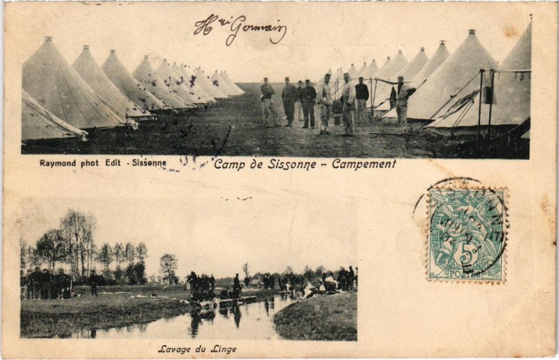 CPA Militaire Camp de SISSONNE - Campement - Lavage du Linge (92173)