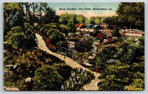 Alexandria Louisiana~City Park~Rock Garden Scene~Bridge~Cars~Linen Postcard