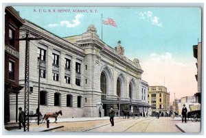 Albany New York NY Postcard NYC RR Depot Railroad Building Street c1910 Vintage