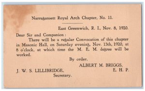 1920 Narragansett Royal Arch Chapter Regular Convocation RI Postal Card