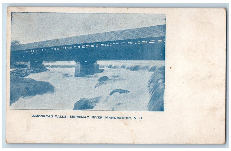 c1905 Amoskeag Falls Merrimac River Rocks Covered Bridge Manchester NH Postcard