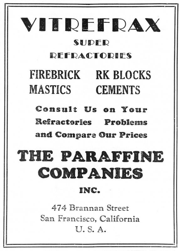 1934 Vintage Advert, The Paraffine Companies Inc, San Francisco USA, Vitrefrax